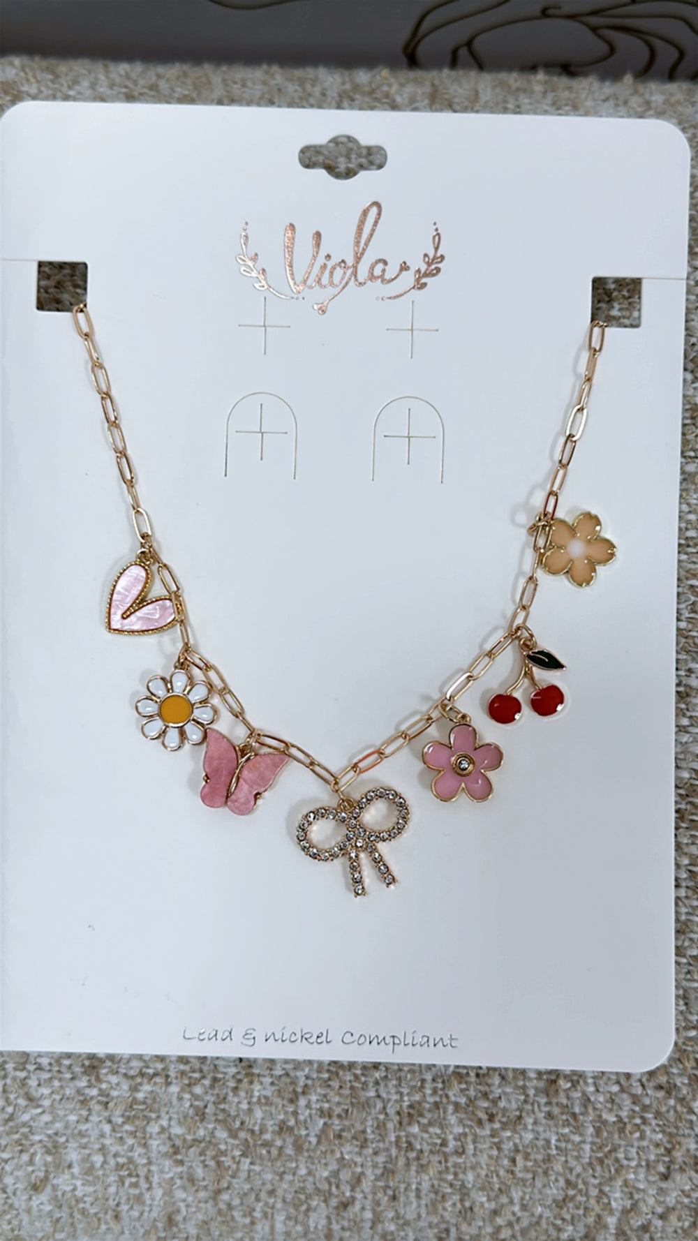 Ribbon Flower Multi Charm Necklace