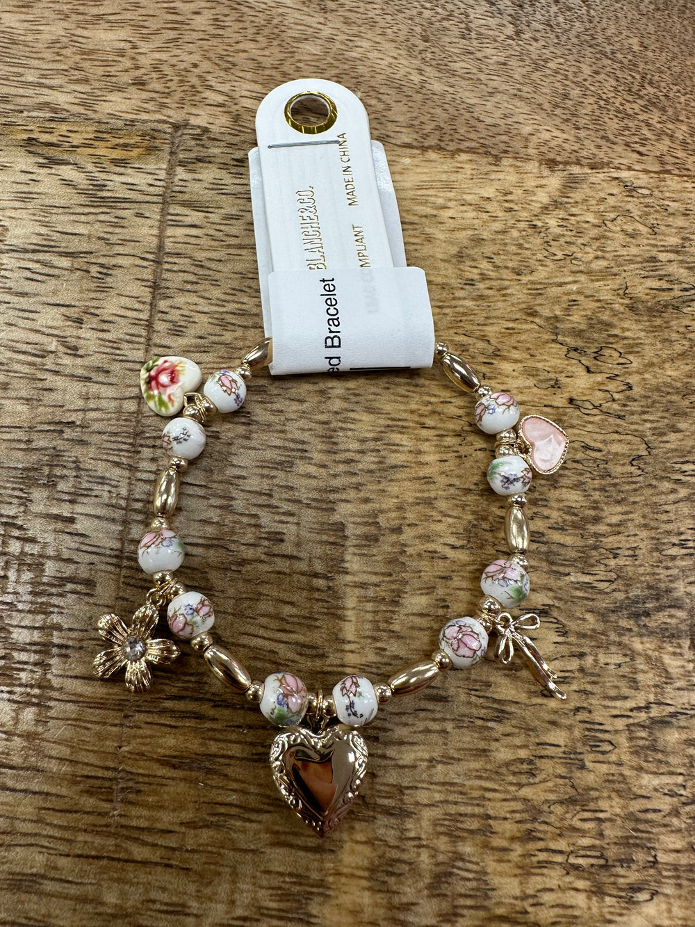 Heart Flower Charm Beaded Bracelet