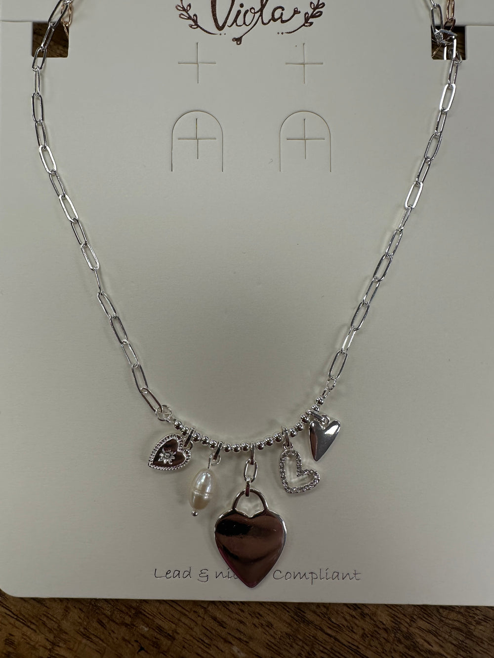 Heart Multi Charm Oval Link Necklace-Silver