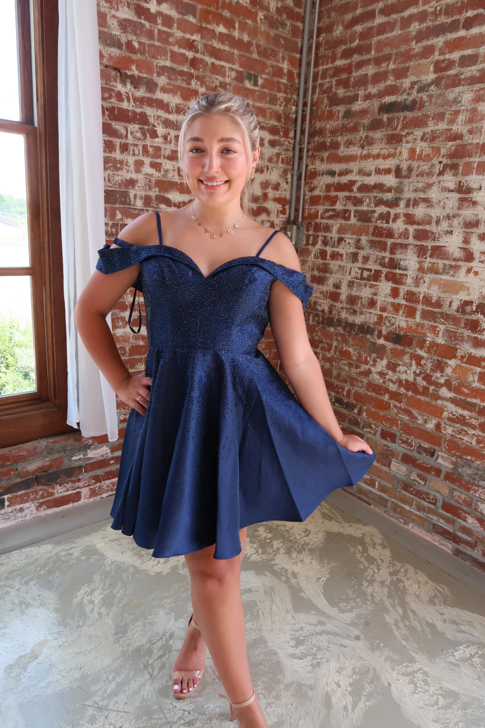 Navy Blue Rhinestone Formal Mini Dress